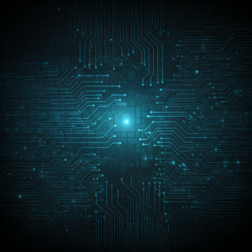 abstract high-tech circuit board lines with glowing cyan light trails on a dark charcoal background reflecting digital architecture